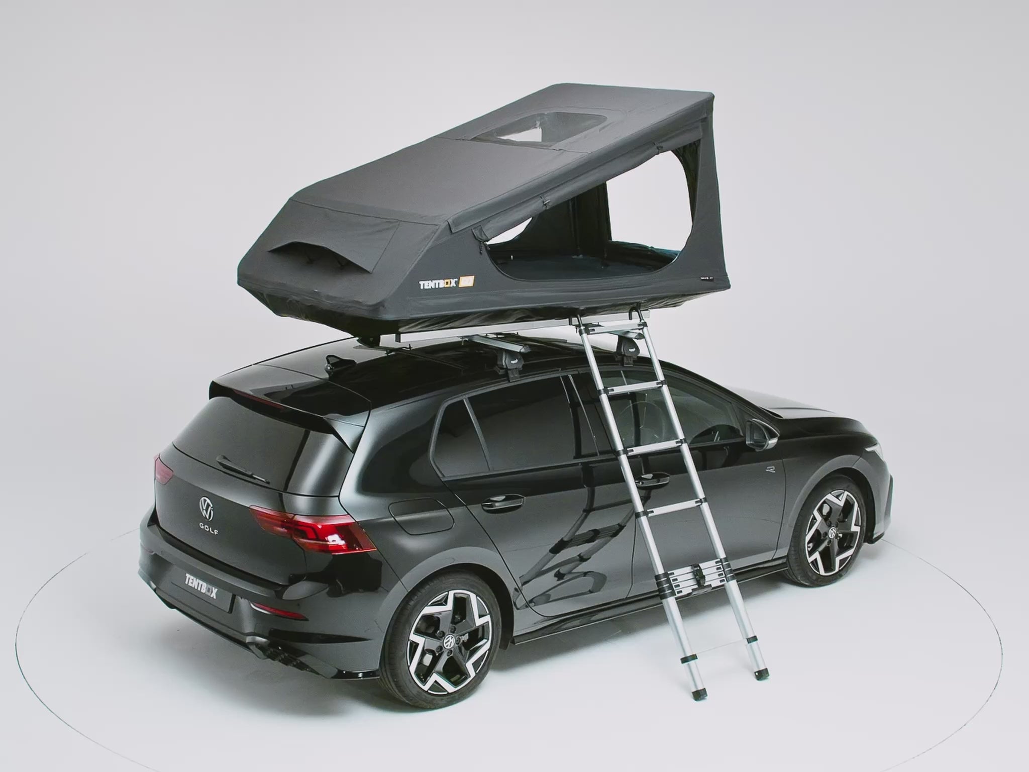 [autoplay] A 360 video of the TentBox GO roof tent on the roof of a black vehicle. 