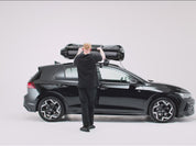 A 360 view of the new TentBox Lite roof tent being opened and closed on the roof of a black car [autoplay]