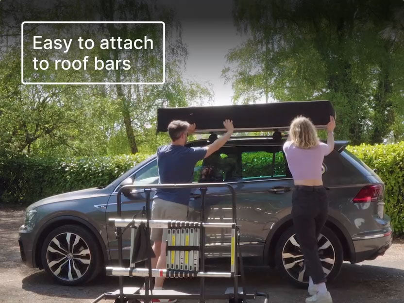 Installing the TentBox Lite XL. Text overlay reads "Easy to attach to roof bars". [autoplay]